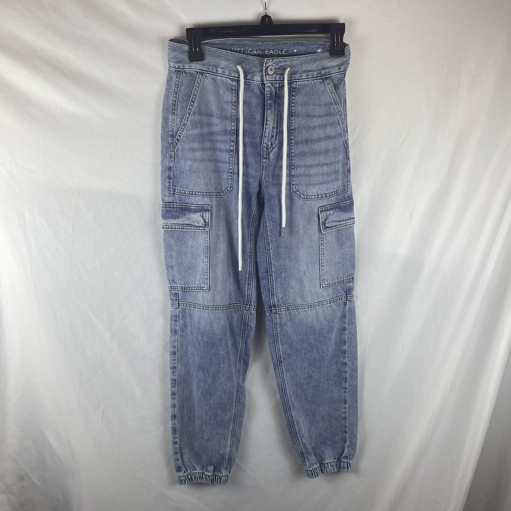 American Eagle Jogger Jeans Womens 0 Blue Denim Cargo Y2K Drawstring Tapered Leg
